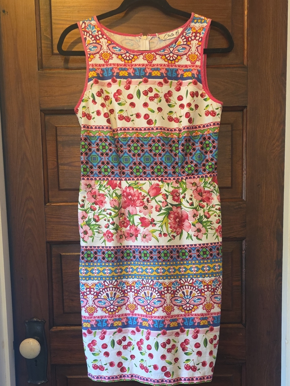 Chetta B Women's Sleeveless Sheath Dress Floral Cherries Colorful 6